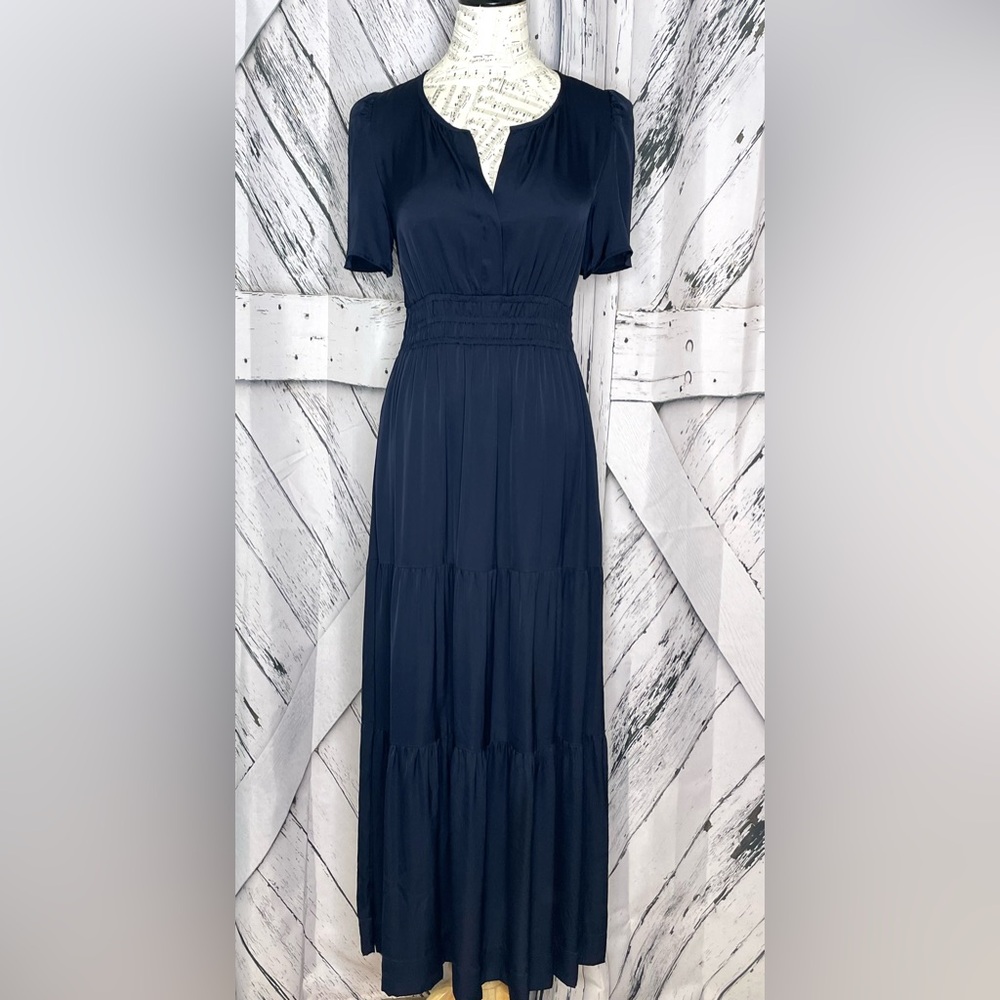 Quince Silk Tiered Maxi Dress Navy Short Sleeve S